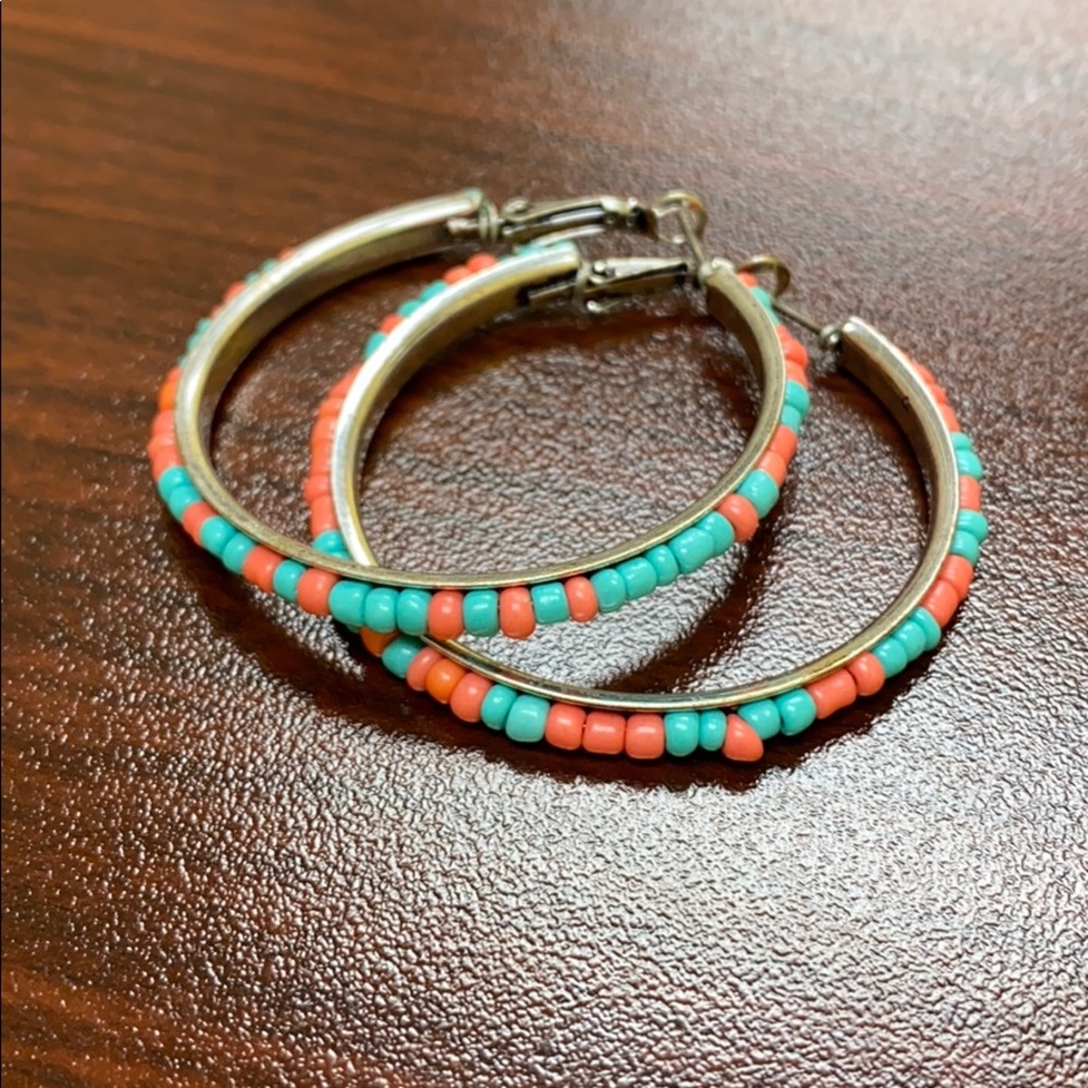 Teal and Coral Hoop Earrings